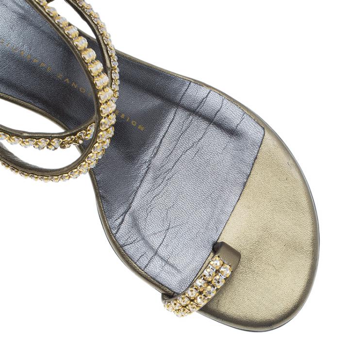 Pre Owned Giuseppe Zanotti Bronze Embellished Toe Ring Wedge Sandals Size 37 