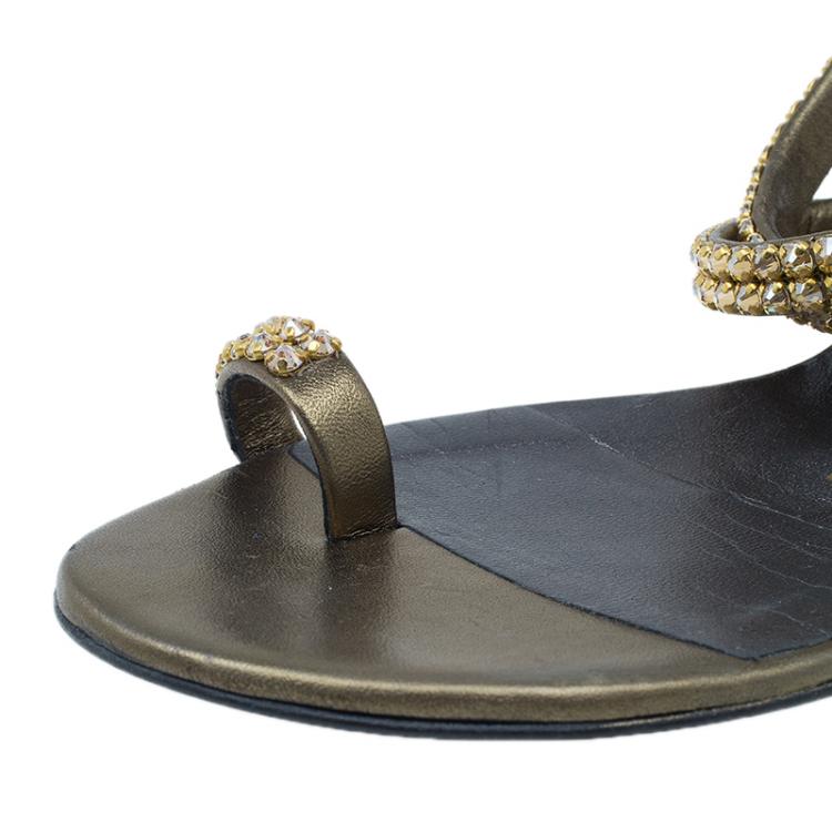 Pre Owned Giuseppe Zanotti Bronze Embellished Toe Ring Wedge Sandals Size 37 