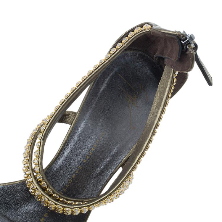 Pre Owned Giuseppe Zanotti Bronze Embellished Toe Ring Wedge Sandals Size 37 