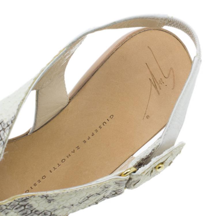 Pre Owned Giuseppe Zanotti Cream Python Embossed Flat Sandals Size 37.5