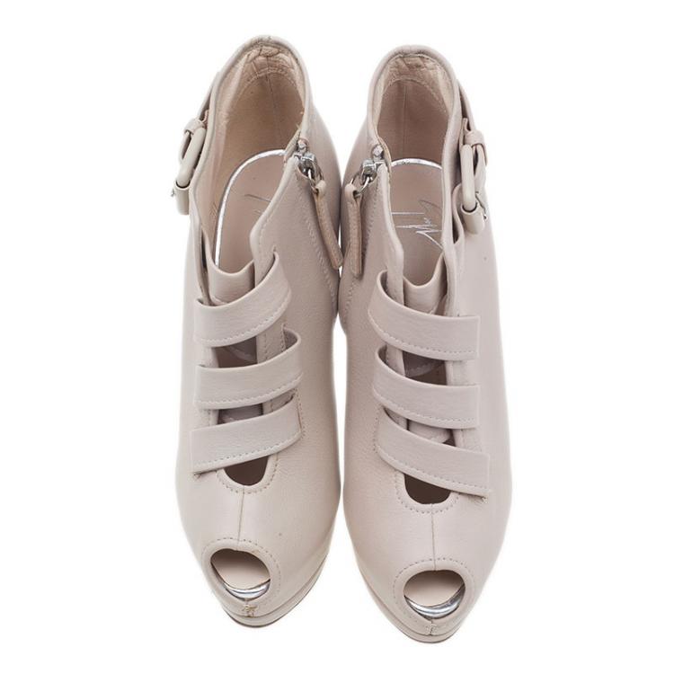 Pre Owned Giuseppe Zanotti Beige Leather Peep-Toe Ankle Boots Size 36.5 