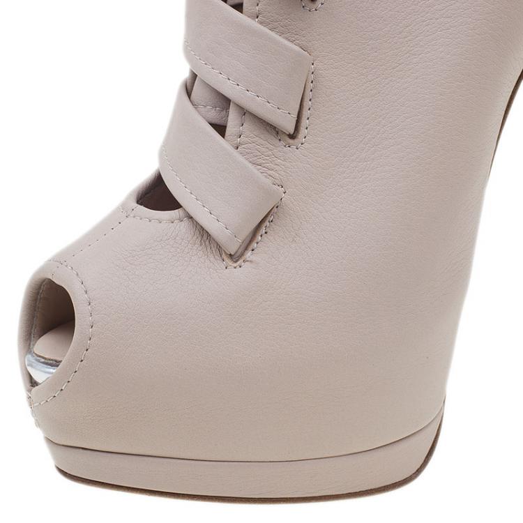 Pre Owned Giuseppe Zanotti Beige Leather Peep-Toe Ankle Boots Size 36.5 
