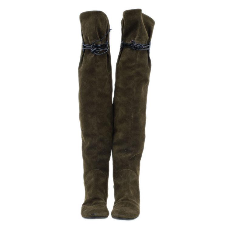 Pre Owned Giuseppe Zanotti Green Suede Over the Knee Boots Size 37