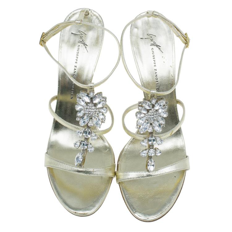 Pre Owned Giuseppe Zanotti Gold Embellished Leather T Strap Sandals Size 41