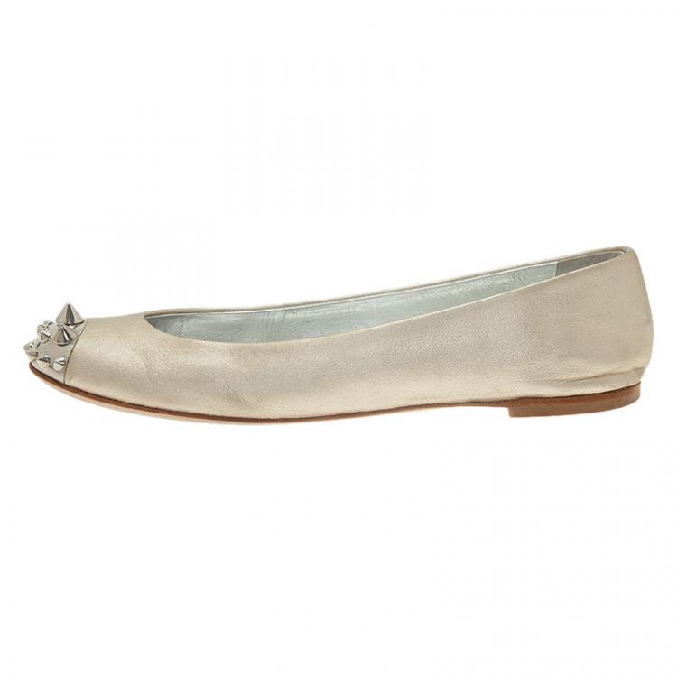 Pre Owned Giuseppe Zanotti Silver Leather Spiked Cap Toe Ballet Flats Size 37 