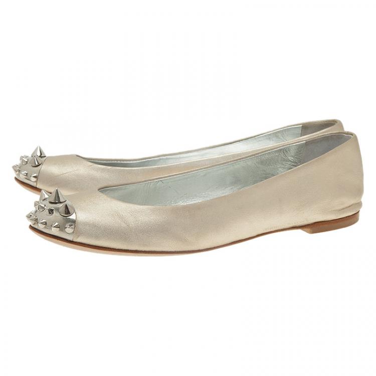 Pre Owned Giuseppe Zanotti Silver Leather Spiked Cap Toe Ballet Flats Size 37 