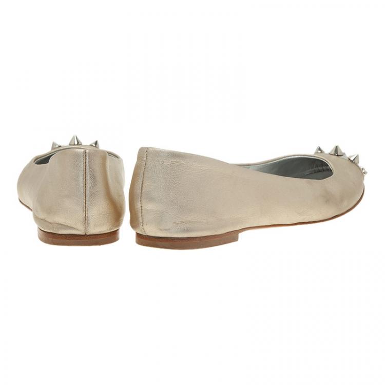 Pre Owned Giuseppe Zanotti Silver Leather Spiked Cap Toe Ballet Flats Size 37 