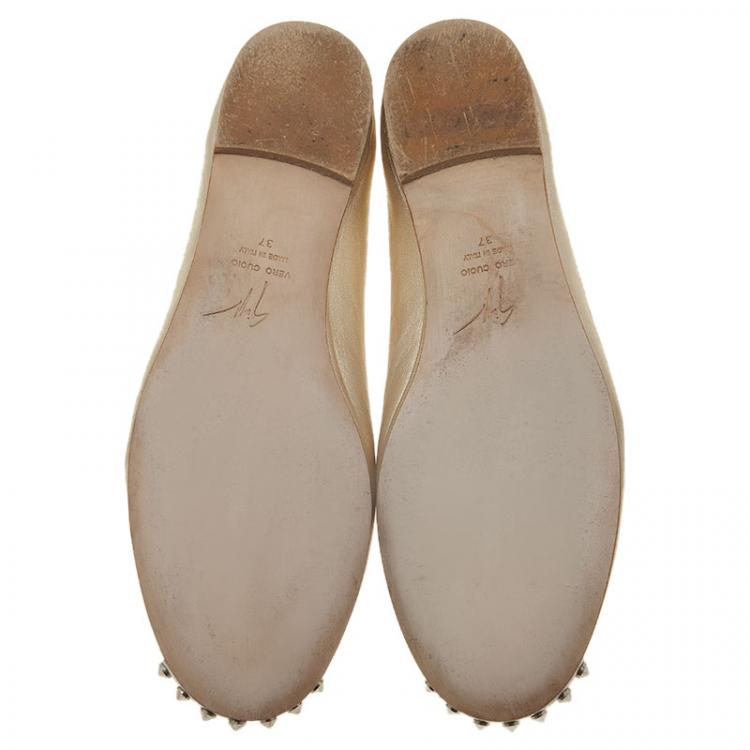 Pre Owned Giuseppe Zanotti Silver Leather Spiked Cap Toe Ballet Flats Size 37 