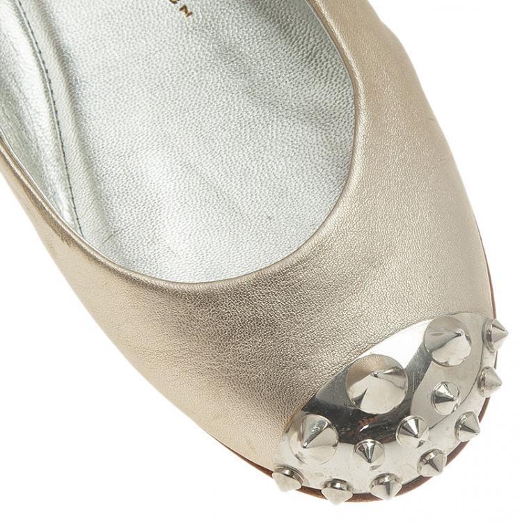 Pre Owned Giuseppe Zanotti Silver Leather Spiked Cap Toe Ballet Flats Size 37 