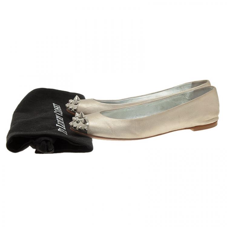 Pre Owned Giuseppe Zanotti Silver Leather Spiked Cap Toe Ballet Flats Size 37 
