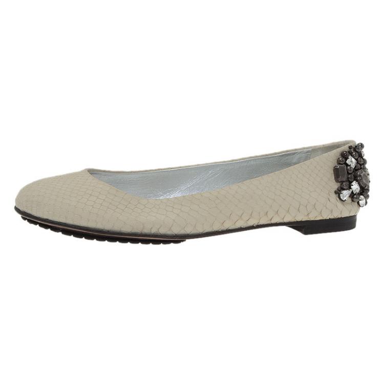 Pre Owned Giuseppe Zanotti Cream Python Embossed Jewel Embellished Leather Ballet Flats Size 41