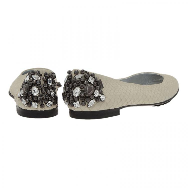 Pre Owned Giuseppe Zanotti Cream Python Embossed Jewel Embellished Leather Ballet Flats Size 41
