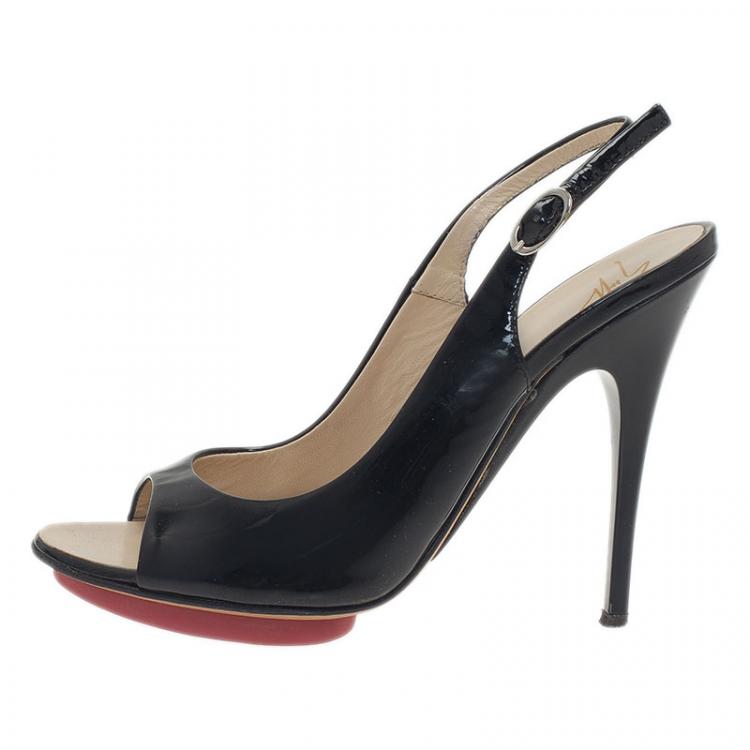 Pre Owned Giuseppe Zanotti Black Patent Open Toe Slingback Sandals Size 36.5