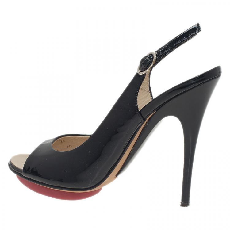 Pre Owned Giuseppe Zanotti Black Patent Open Toe Slingback Sandals Size 36.5