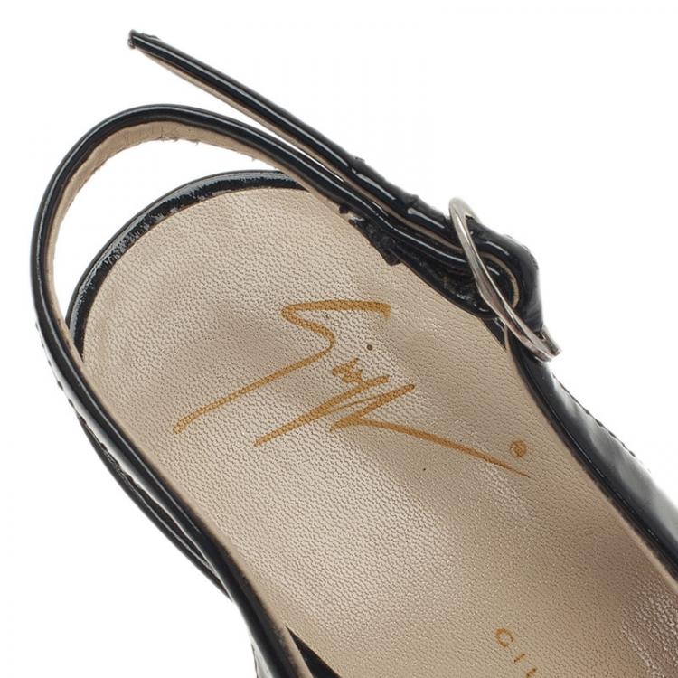Pre Owned Giuseppe Zanotti Black Patent Open Toe Slingback Sandals Size 36.5