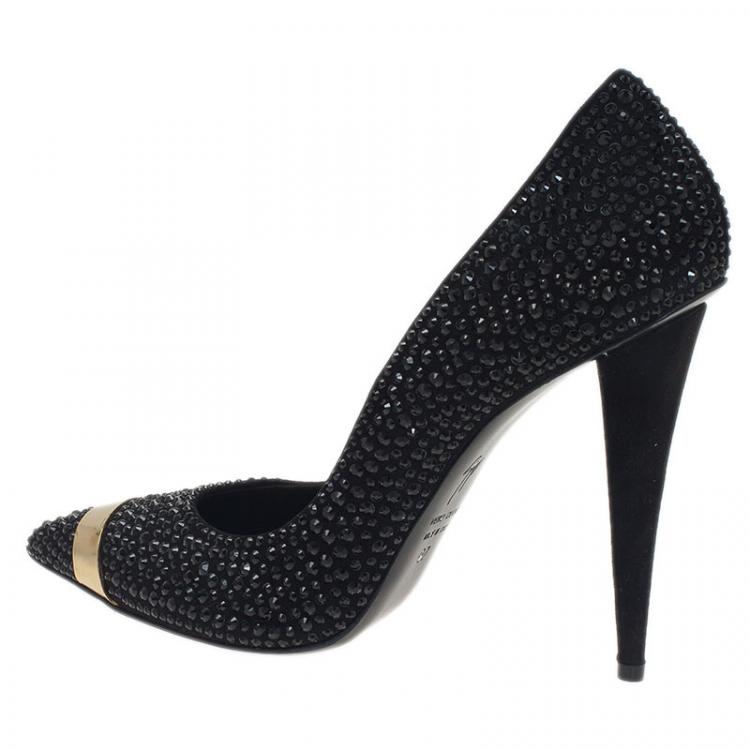 Pre Owned Giuseppe Zanotti Black Suede Ester Crystal Studded Pumps Size 37