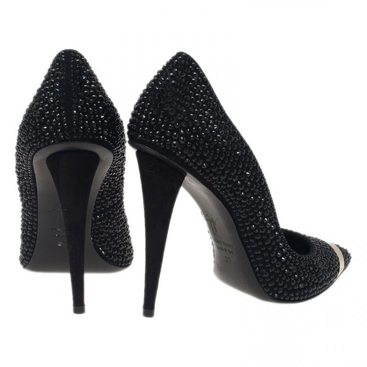 Pre Owned Giuseppe Zanotti Black Suede Ester Crystal Studded Pumps Size 37