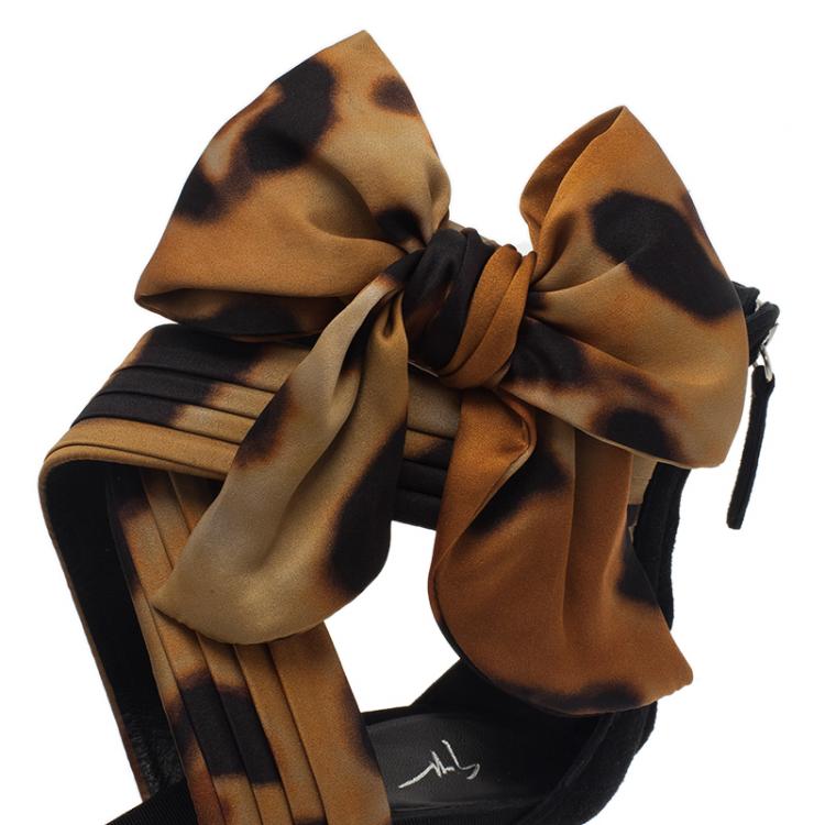 Pre Owned Giuseppe Zanotti Leopard Print Silk and Satin Bow Detail Sandals Size 40