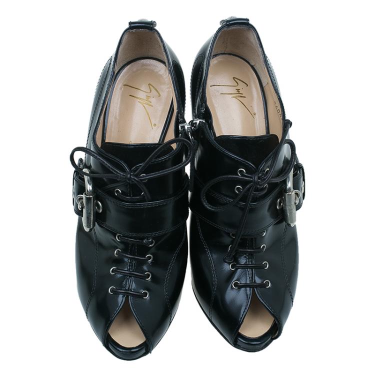 Pre Owned Giuseppe Zanotti Black Patent Lace Up Buckle Detail Booties Size 40