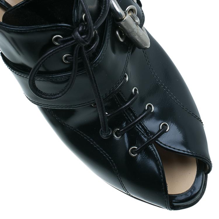 Pre Owned Giuseppe Zanotti Black Patent Lace Up Buckle Detail Booties Size 40