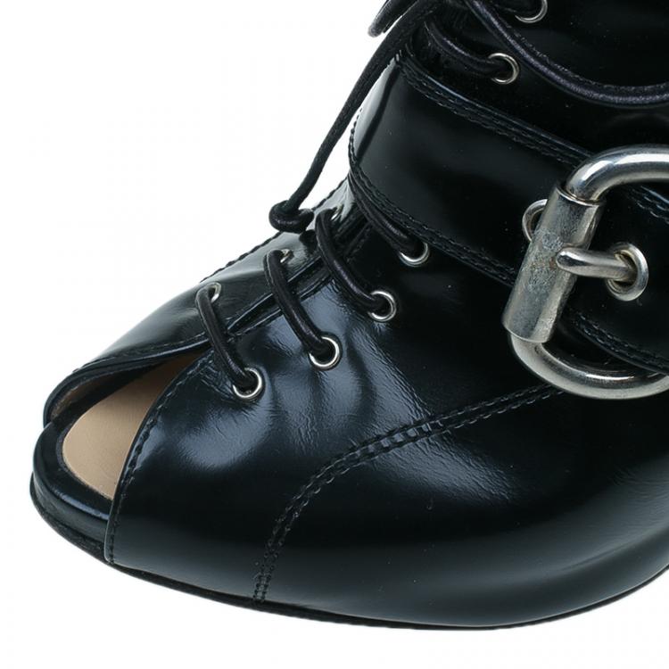 Pre Owned Giuseppe Zanotti Black Patent Lace Up Buckle Detail Booties Size 40