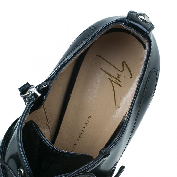Pre Owned Giuseppe Zanotti Black Patent Lace Up Buckle Detail Booties Size 40