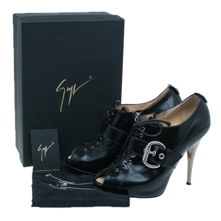 Pre Owned Giuseppe Zanotti Black Patent Lace Up Buckle Detail Booties Size 40