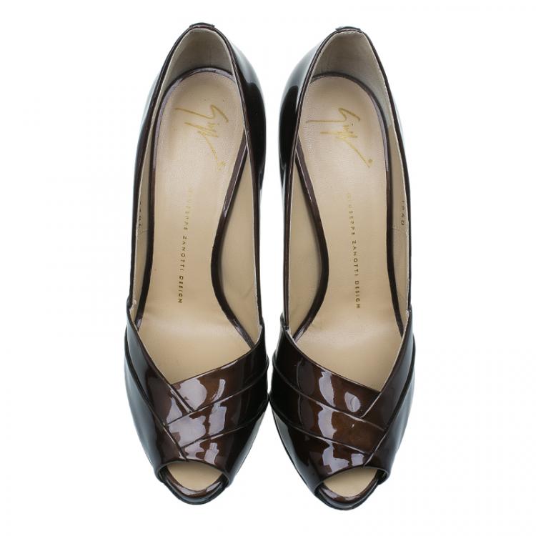 Pre Owned Giuseppe Zanotti Brown Patent Peep Toe Pumps Size 40