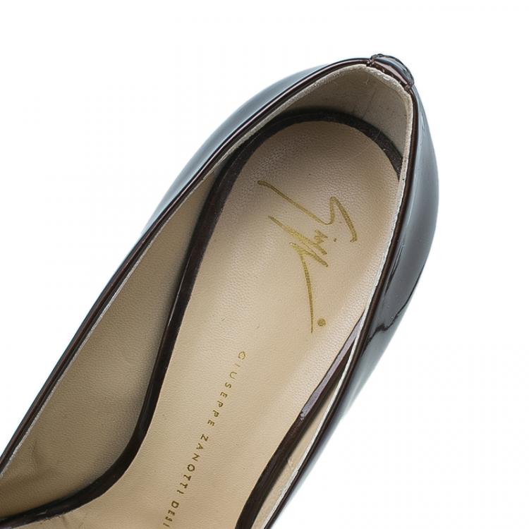 Pre Owned Giuseppe Zanotti Brown Patent Peep Toe Pumps Size 40