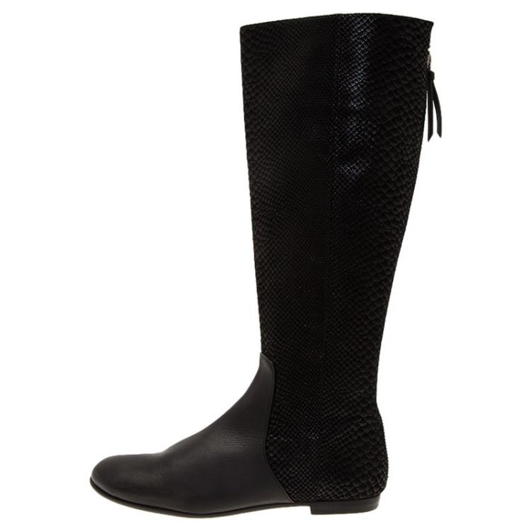 Pre Owned Giuseppe Zanotti Black Embossed Leather Tall Boots Size 37.5