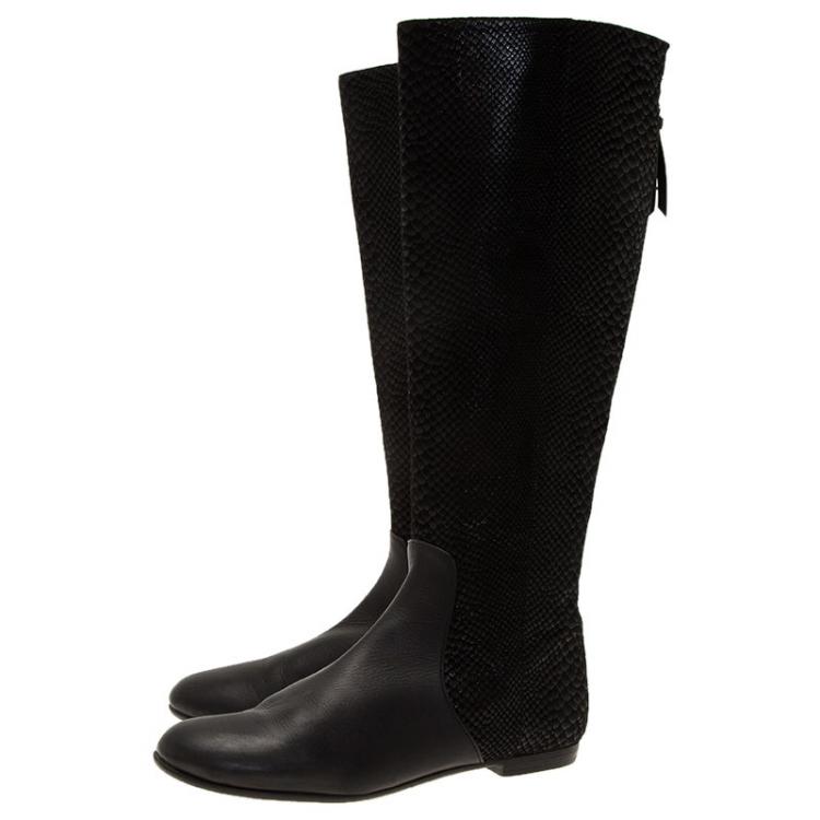 Pre Owned Giuseppe Zanotti Black Embossed Leather Tall Boots Size 37.5