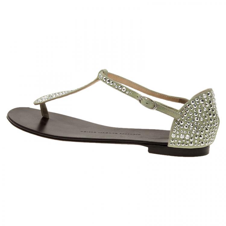Pre Owned Giuseppe Zanotti Silver Crystal Studded Gaia Thong Sandals Size 38