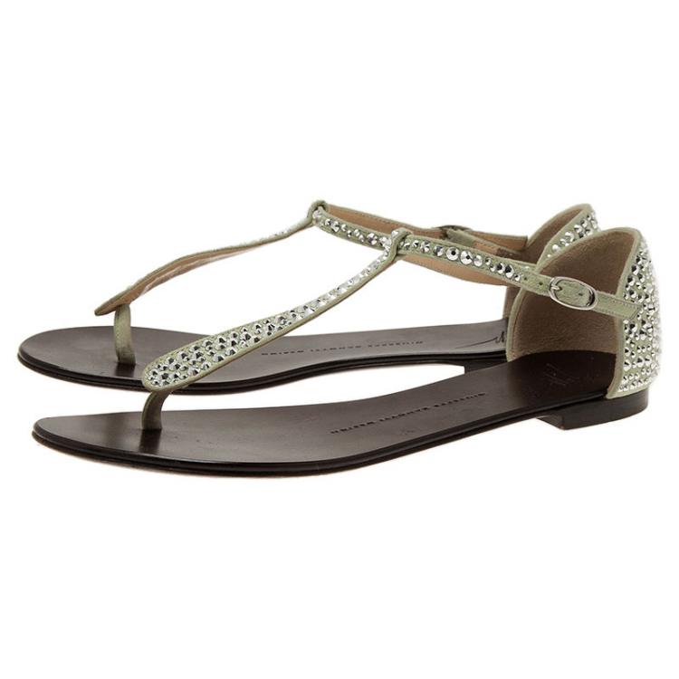 Pre Owned Giuseppe Zanotti Silver Crystal Studded Gaia Thong Sandals Size 38