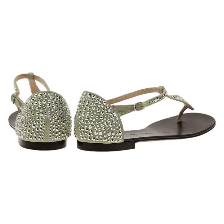 Pre Owned Giuseppe Zanotti Silver Crystal Studded Gaia Thong Sandals Size 38