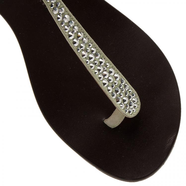 Pre Owned Giuseppe Zanotti Silver Crystal Studded Gaia Thong Sandals Size 38