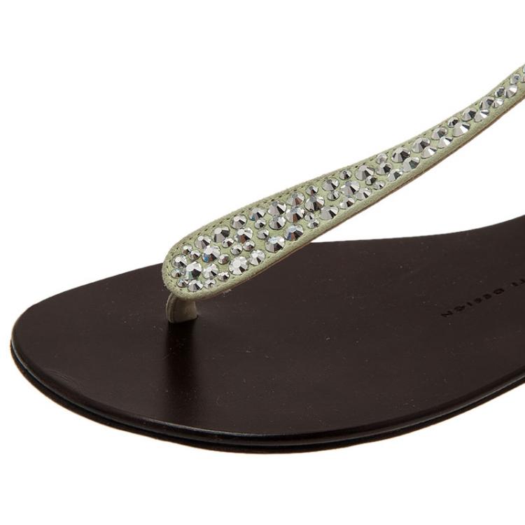 Pre Owned Giuseppe Zanotti Silver Crystal Studded Gaia Thong Sandals Size 38