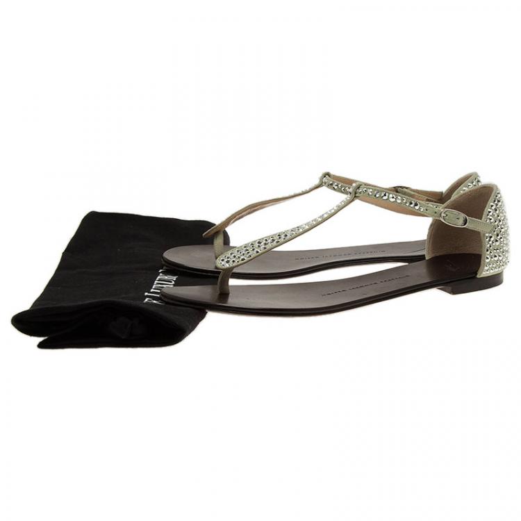 Pre Owned Giuseppe Zanotti Silver Crystal Studded Gaia Thong Sandals Size 38