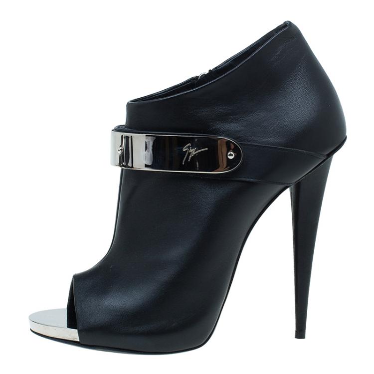 Pre Owned Giuseppe Zanotti Black Leather Plated Peep Toe Ankle Boots Size 41