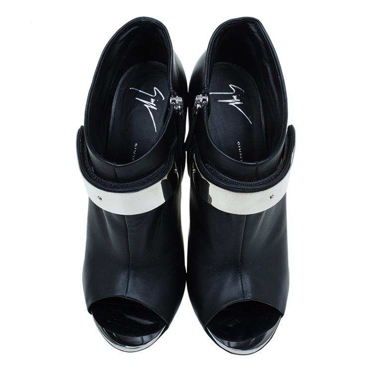 Pre Owned Giuseppe Zanotti Black Leather Plated Peep Toe Ankle Boots Size 41