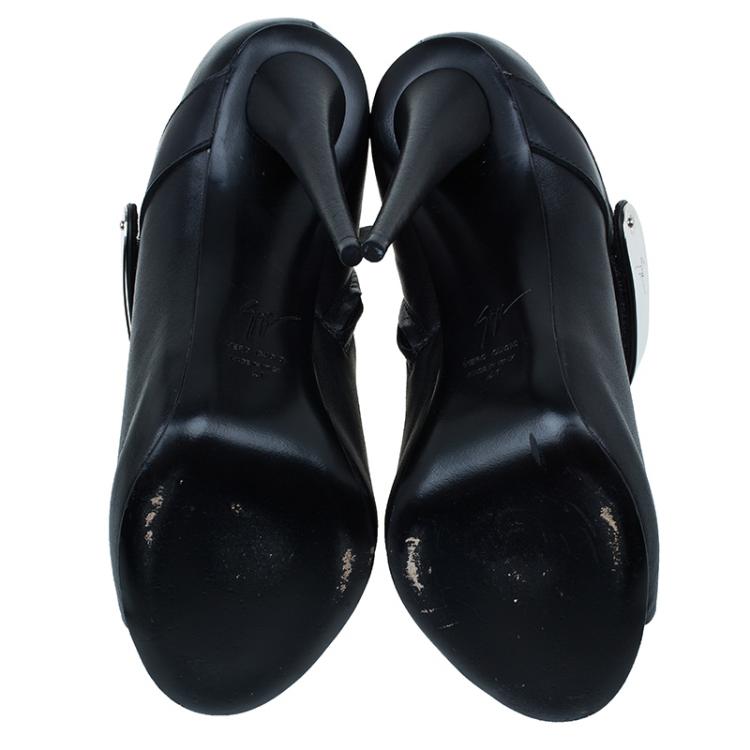 Pre Owned Giuseppe Zanotti Black Leather Plated Peep Toe Ankle Boots Size 41
