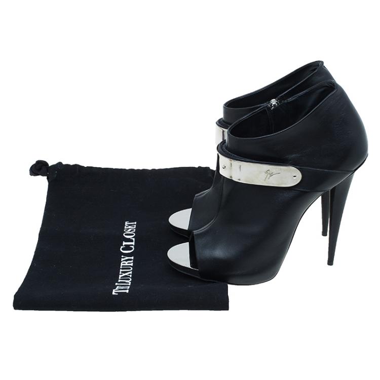 Pre Owned Giuseppe Zanotti Black Leather Plated Peep Toe Ankle Boots Size 41