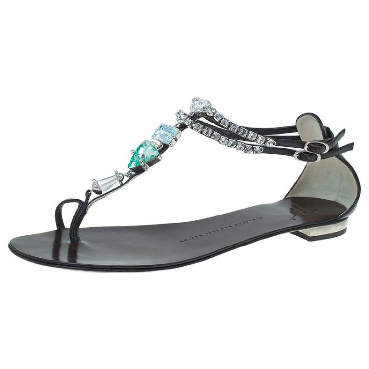 Pre Owned Giuseppe Zanotti Brown Jeweled Leather Toe Ring Sandals Size 39.5 
