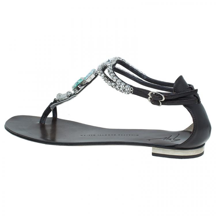 Pre Owned Giuseppe Zanotti Brown Jeweled Leather Toe Ring Sandals Size 39.5 