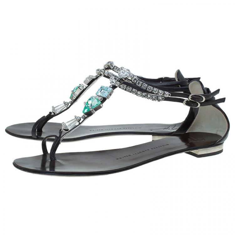 Pre Owned Giuseppe Zanotti Brown Jeweled Leather Toe Ring Sandals Size 39.5 