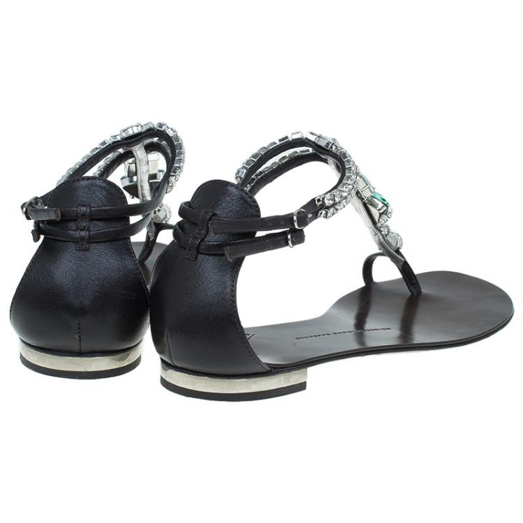 Pre Owned Giuseppe Zanotti Brown Jeweled Leather Toe Ring Sandals Size 39.5 