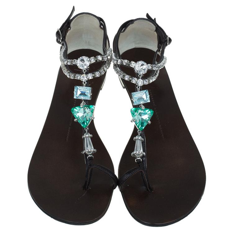 Pre Owned Giuseppe Zanotti Brown Jeweled Leather Toe Ring Sandals Size 39.5 