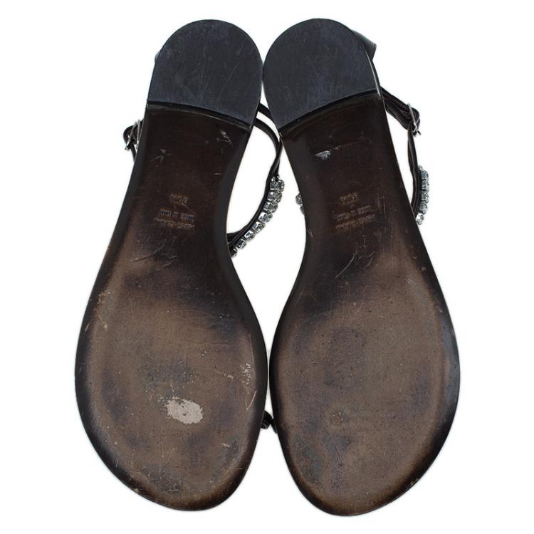 Pre Owned Giuseppe Zanotti Brown Jeweled Leather Toe Ring Sandals Size 39.5 