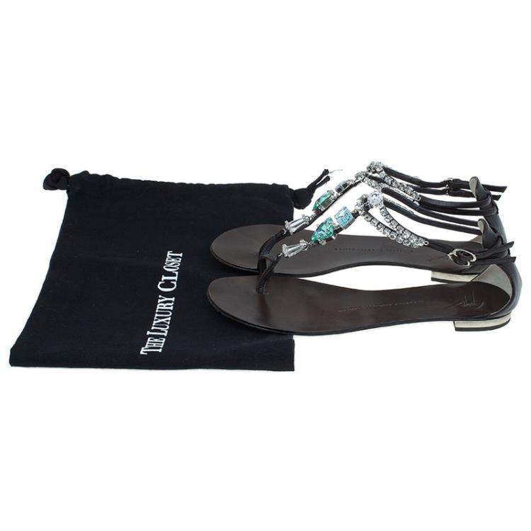 Pre Owned Giuseppe Zanotti Brown Jeweled Leather Toe Ring Sandals Size 39.5 