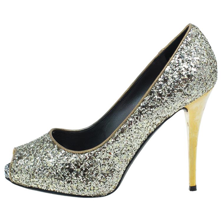 Pre Owned Giuseppe Zanotti Gold Glitter Peep Toe Pumps Size 36.5