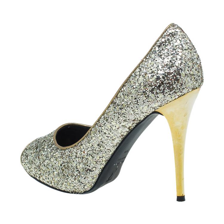 Pre Owned Giuseppe Zanotti Gold Glitter Peep Toe Pumps Size 36.5